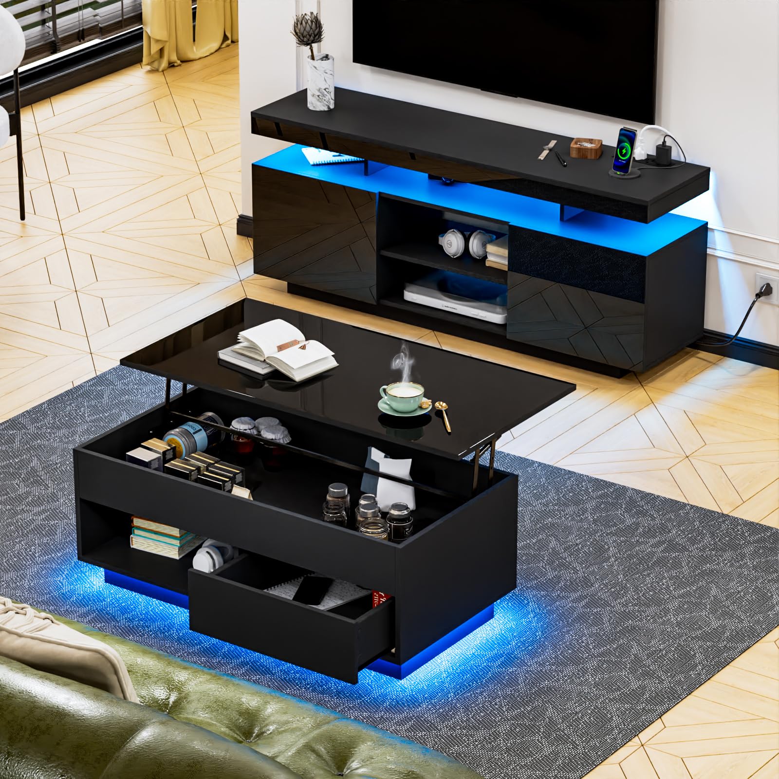 Amazon.com: HOMMPA LED Lift Top Coffee Table and TV Stand Set of 2